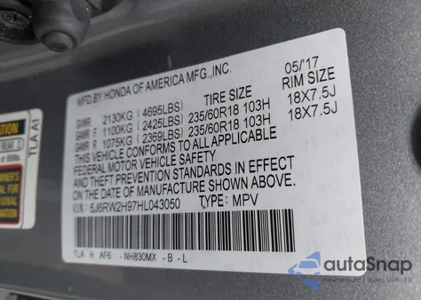 2017 Honda Cr-V Touring из США, поврежденный, VIN 5J6RW2H97HL043050